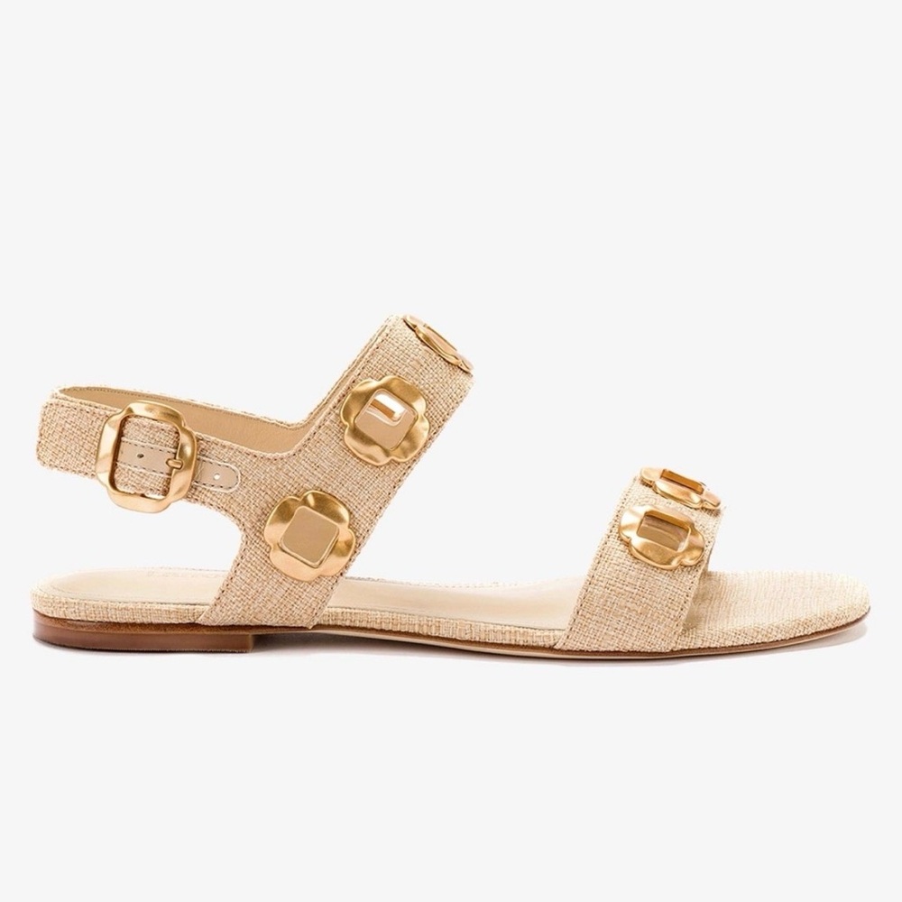 **NIB** Larroude Milan Flat Sandal In Beige Raffia - Picture 2 of 14